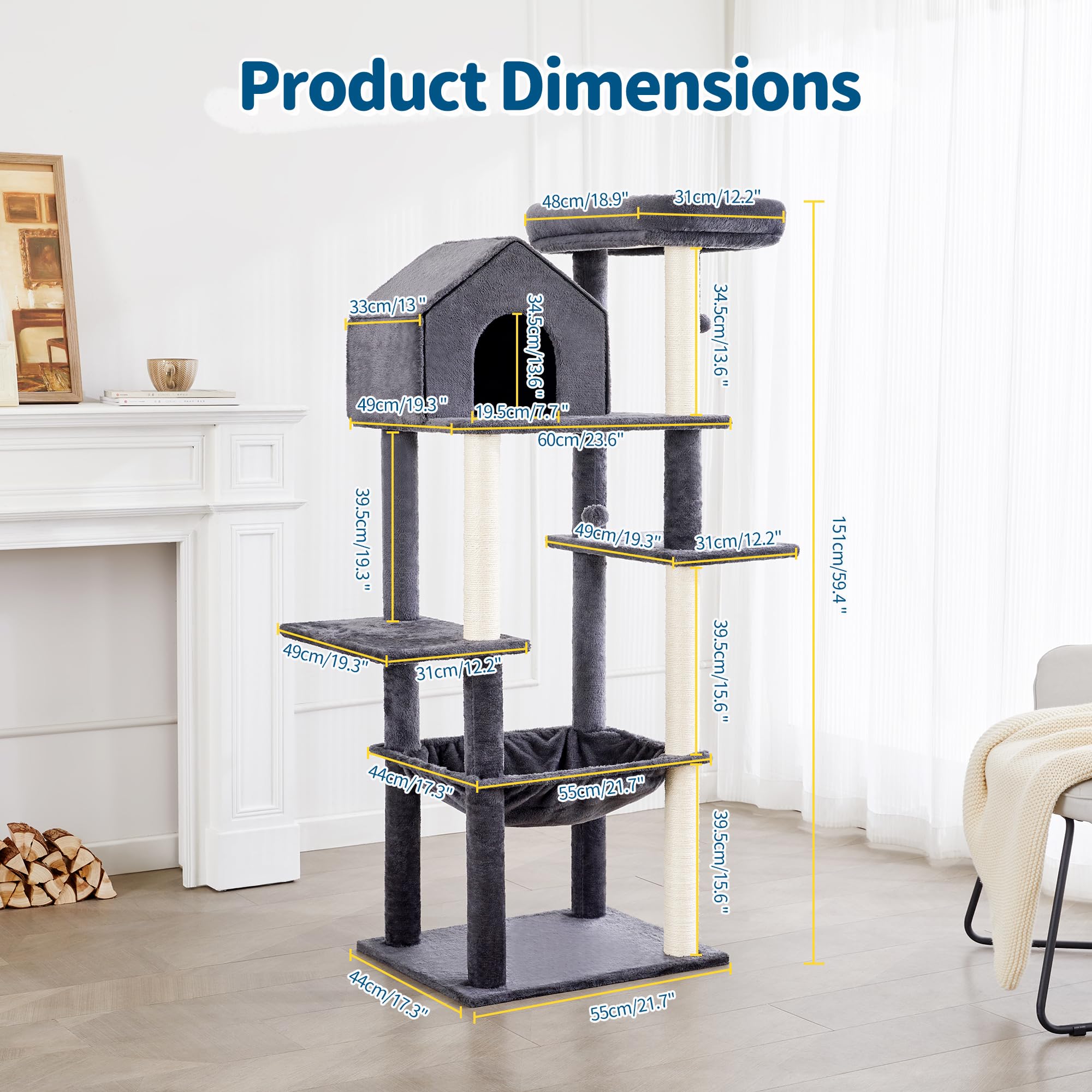 Made4Pets 60 Inch Cat Tower For Indoor Cats, Multi-Level Cat Tree With Plush Hammock, Cozy Cat House, Scratching Posts, Top Perc